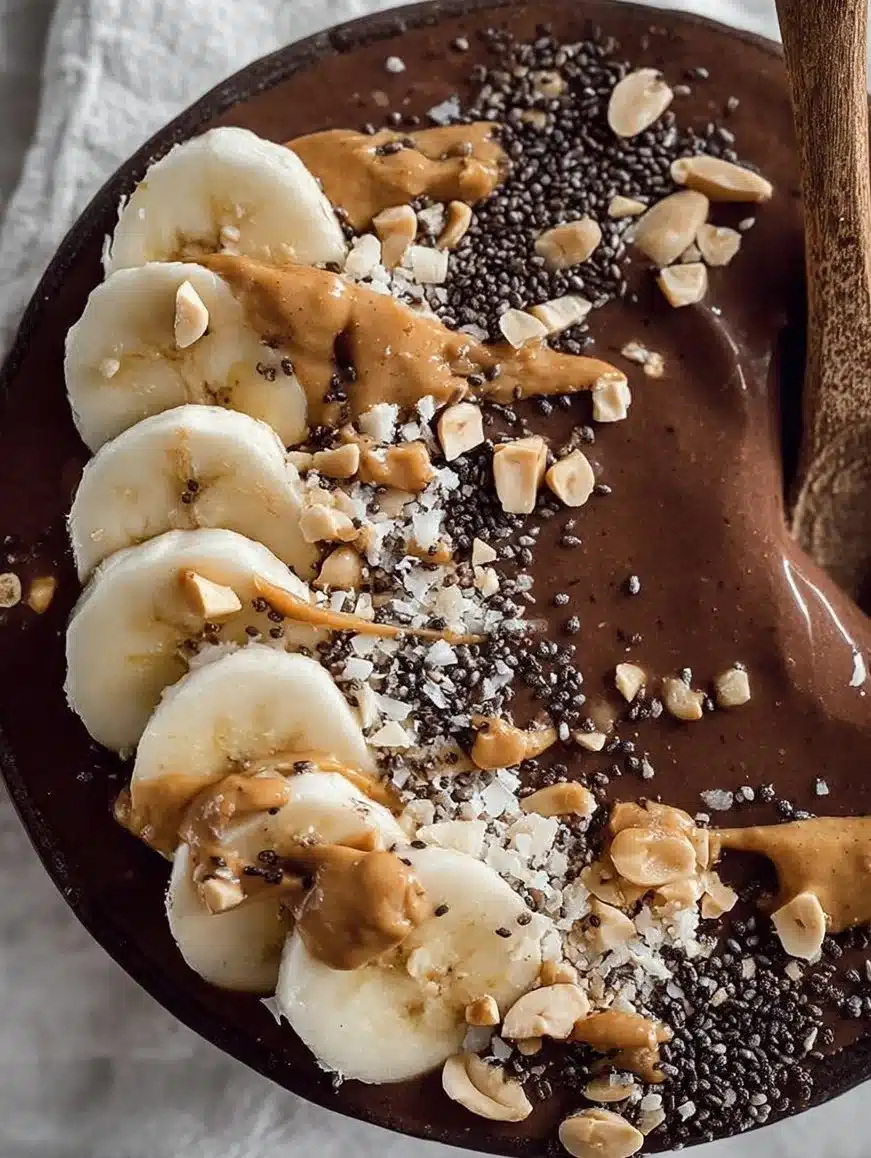 Chocolate Peanut Butter Smoothie Bowl topped with fresh fruit and granola