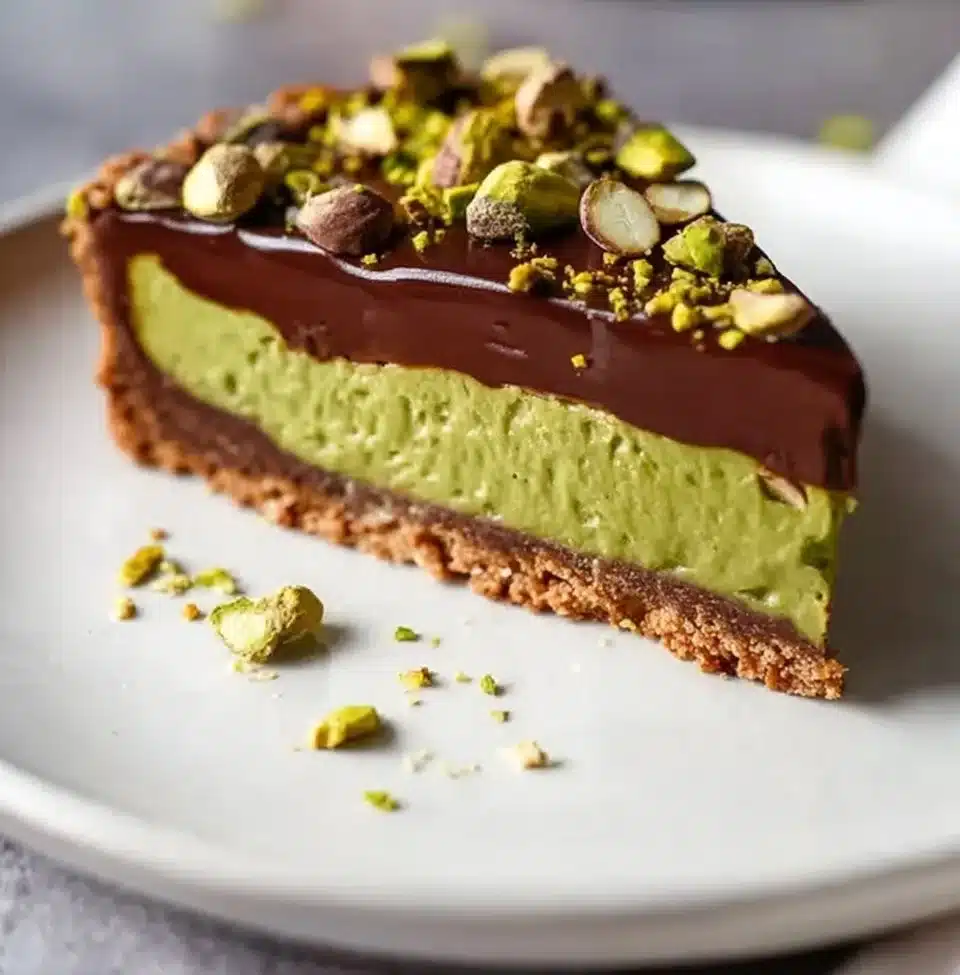Delicious Chocolate Pistachio Tart with a rich chocolate filling and nutty topping.