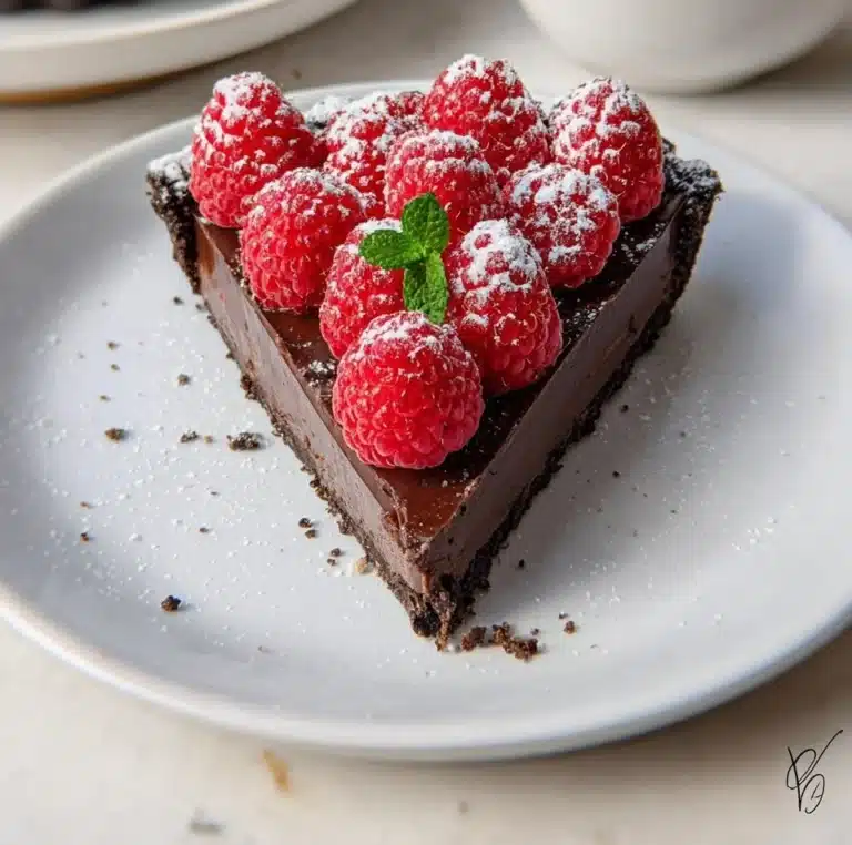 Delicious Chocolate Raspberry Tart garnished with fresh raspberries and chocolate shavings