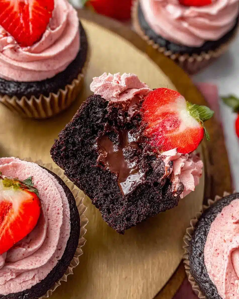 Chocolate Strawberry Cupcakes topped with fresh strawberries and chocolate frosting