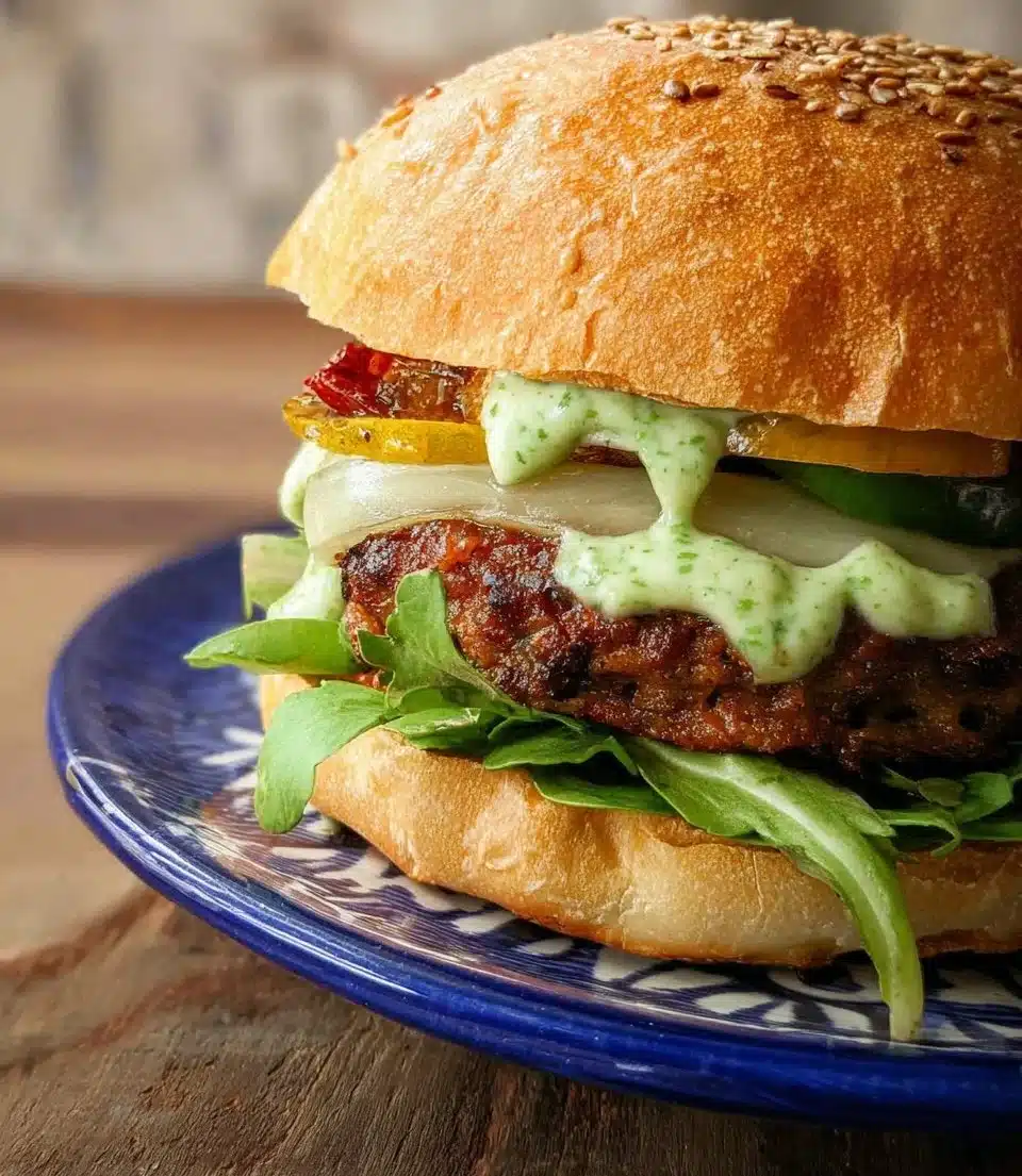 Delicious spicy chorizo burger topped with fresh ingredients