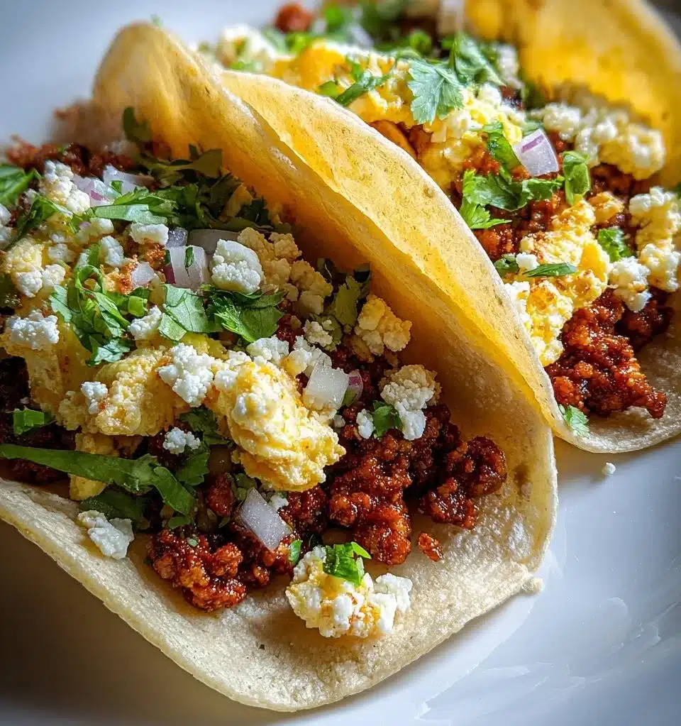 Delicious Chorizo Egg Tacos on a plate ready to enjoy at a fiesta.
