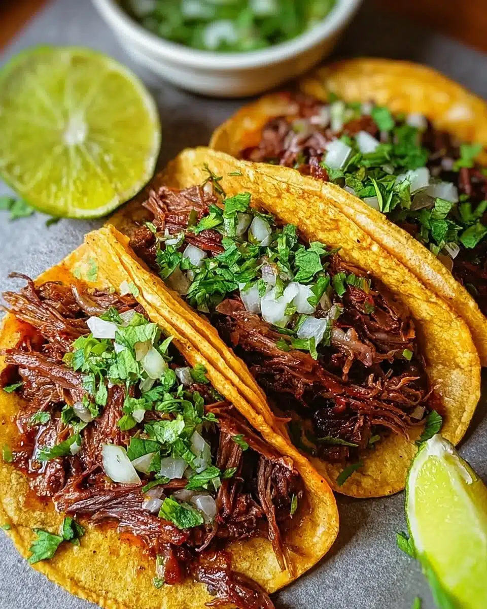Delicious chuck roast tacos served with toppings and fresh ingredients.