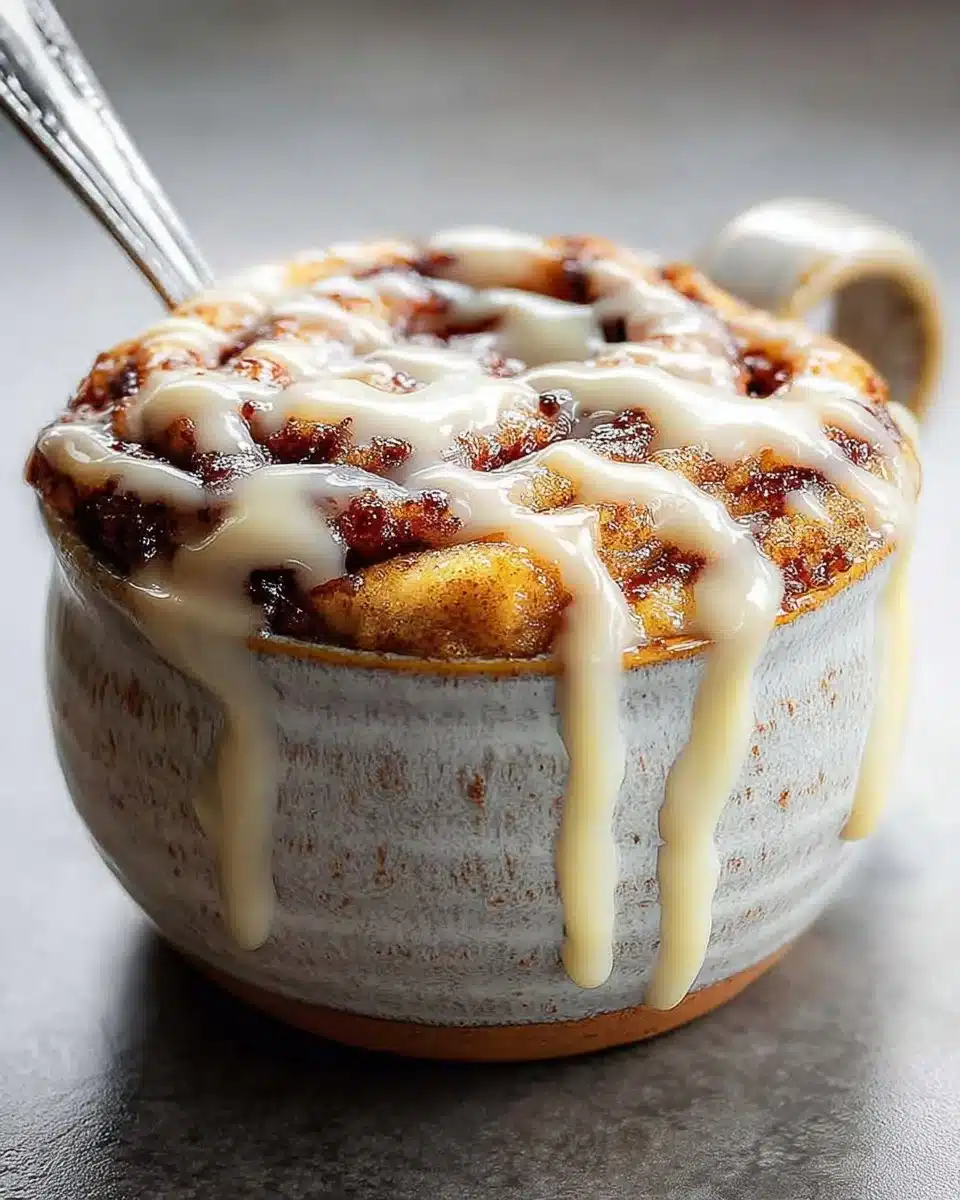 Delicious cinnamon bun mug cake topped with frosting and cinnamon swirl.