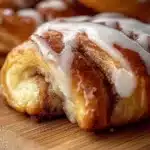 Cinnamon roll crescents freshly baked, golden brown and dripping with icing.