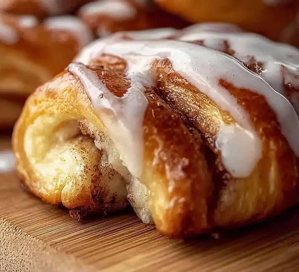 Cinnamon roll crescents freshly baked, golden brown and dripping with icing.