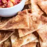 Crispy cinnamon sugar tortilla chips served on a plate