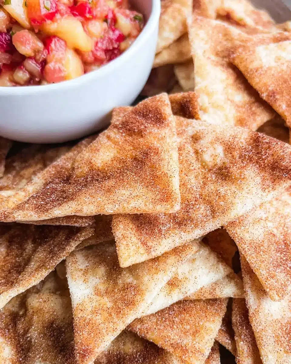 Crispy cinnamon sugar tortilla chips served on a plate