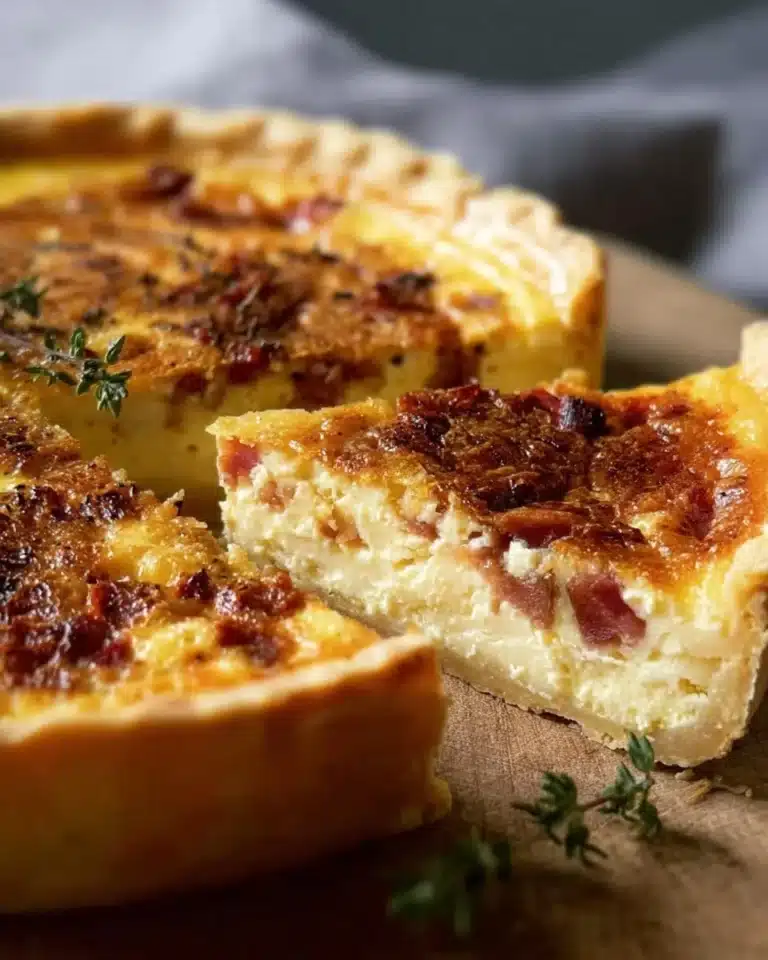 Delicious Classic Quiche Lorraine with bacon and cheese on a flaky crust