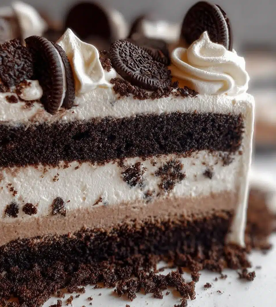 Deliciously layered Cookies and Cream Cake with creamy frosting and cookie crumbles.