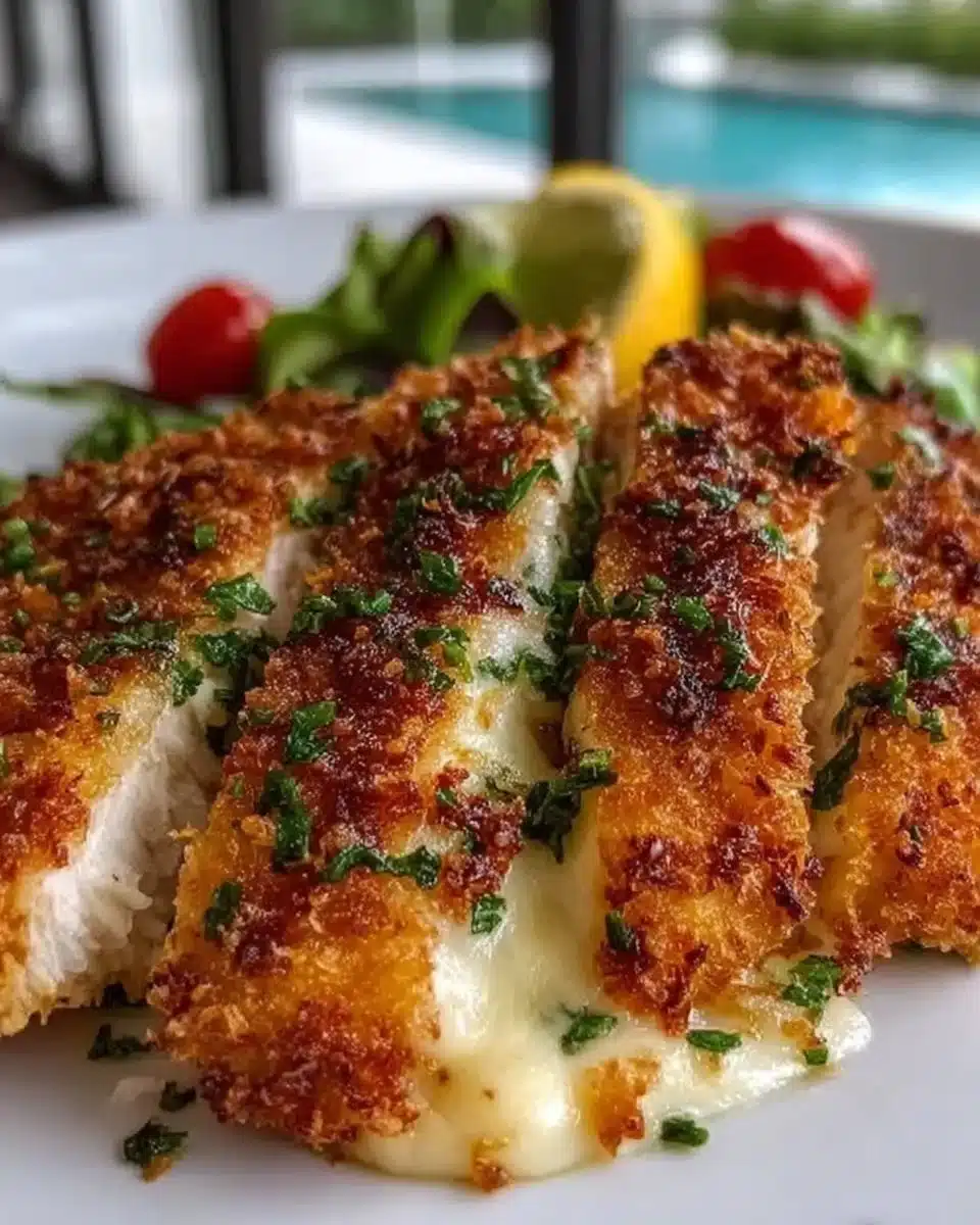 Delicious Copycat Longhorn Parmesan Crusted Chicken on a plate with herbs