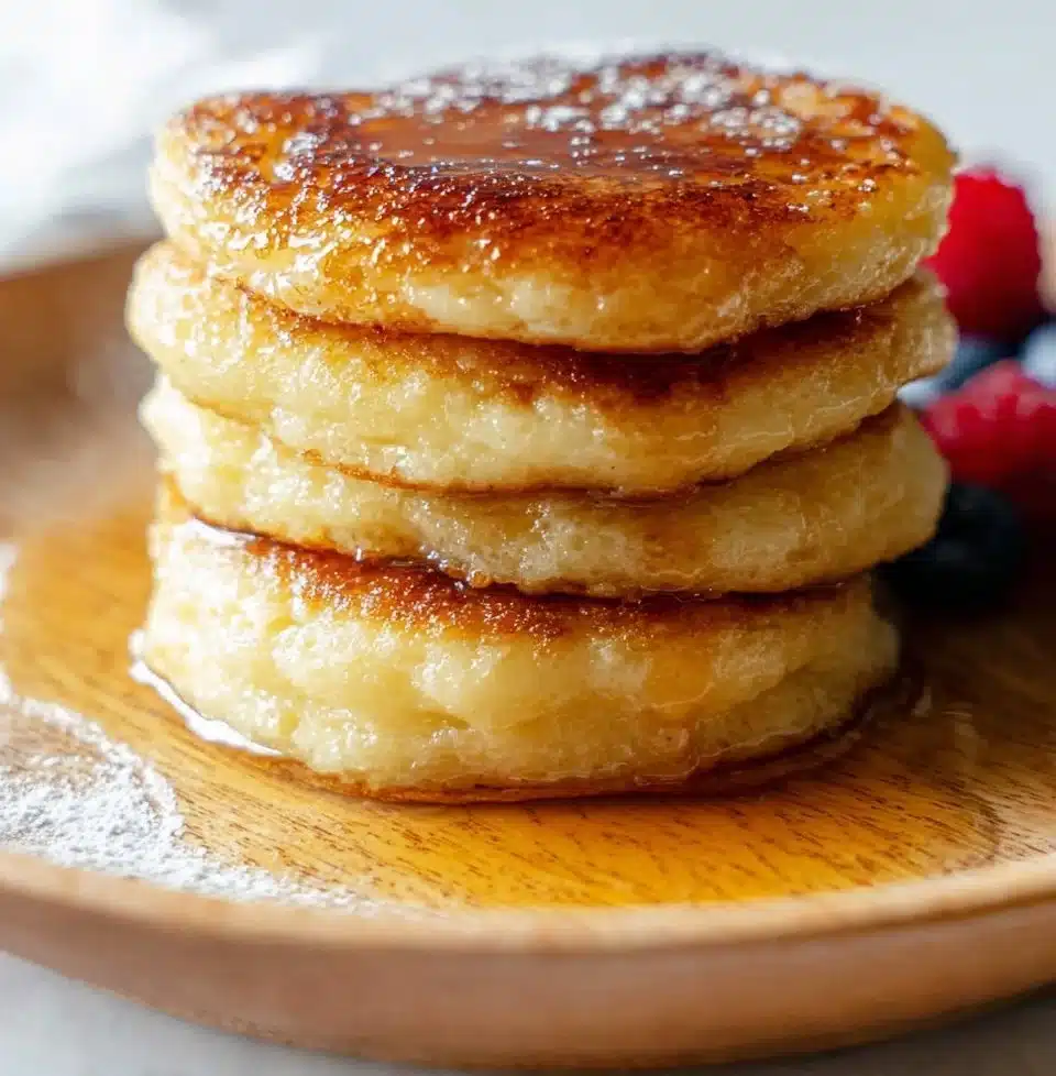 Fluffy cottage cheese pancakes served with syrup and fresh berries on a plate.
