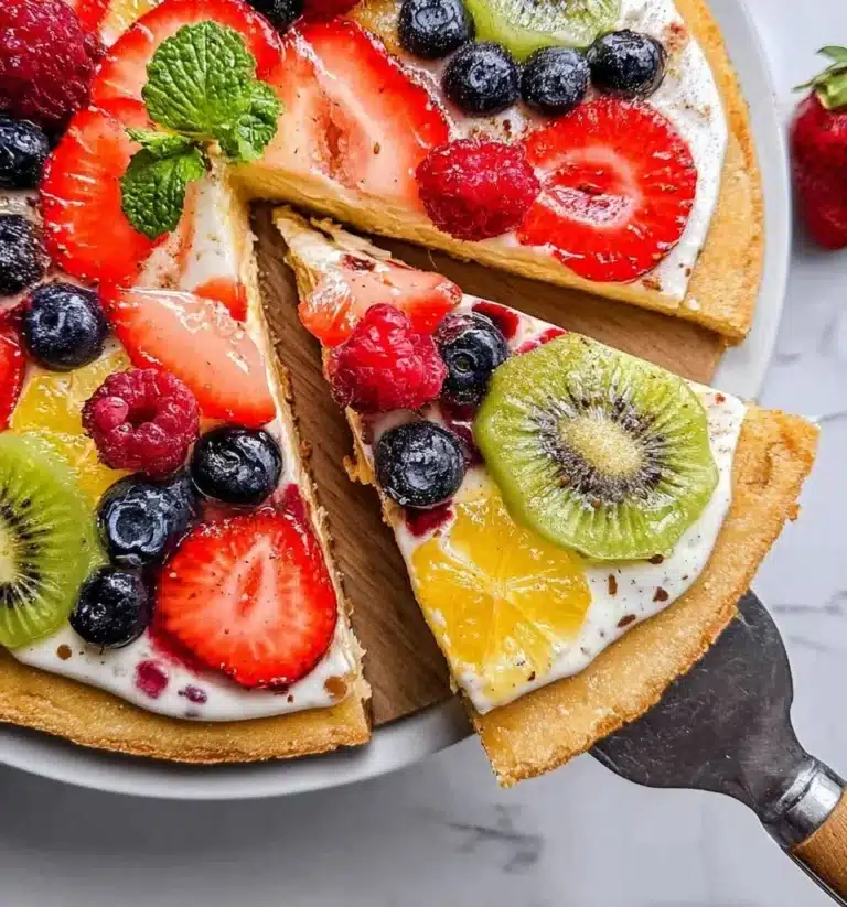 Cottage Cheese Protein Fruit Pizza topped with fresh fruit and vibrant colors