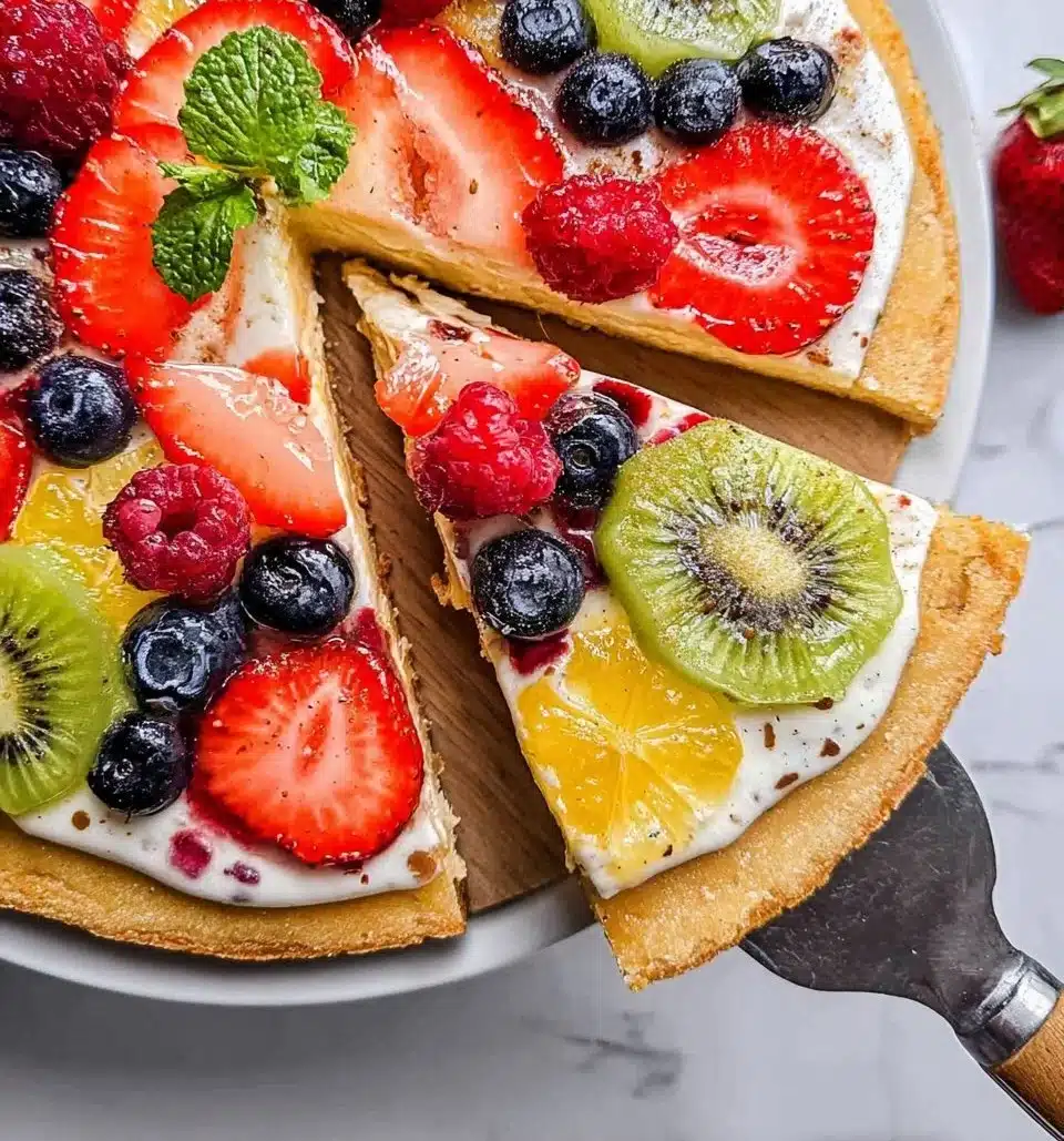 Cottage Cheese Protein Fruit Pizza topped with fresh fruit and vibrant colors