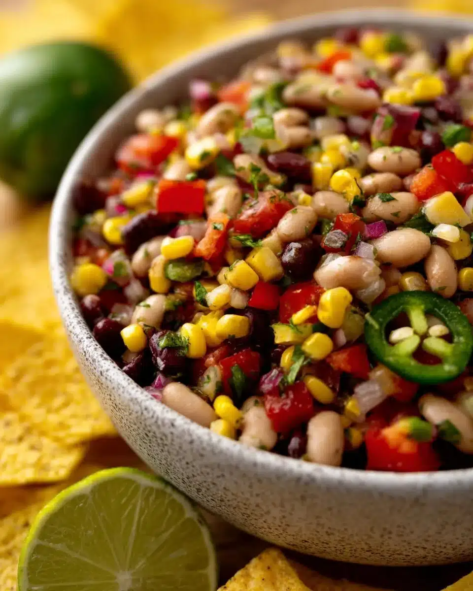Colorful Cowboy Caviar salad with beans and vegetables in a bowl