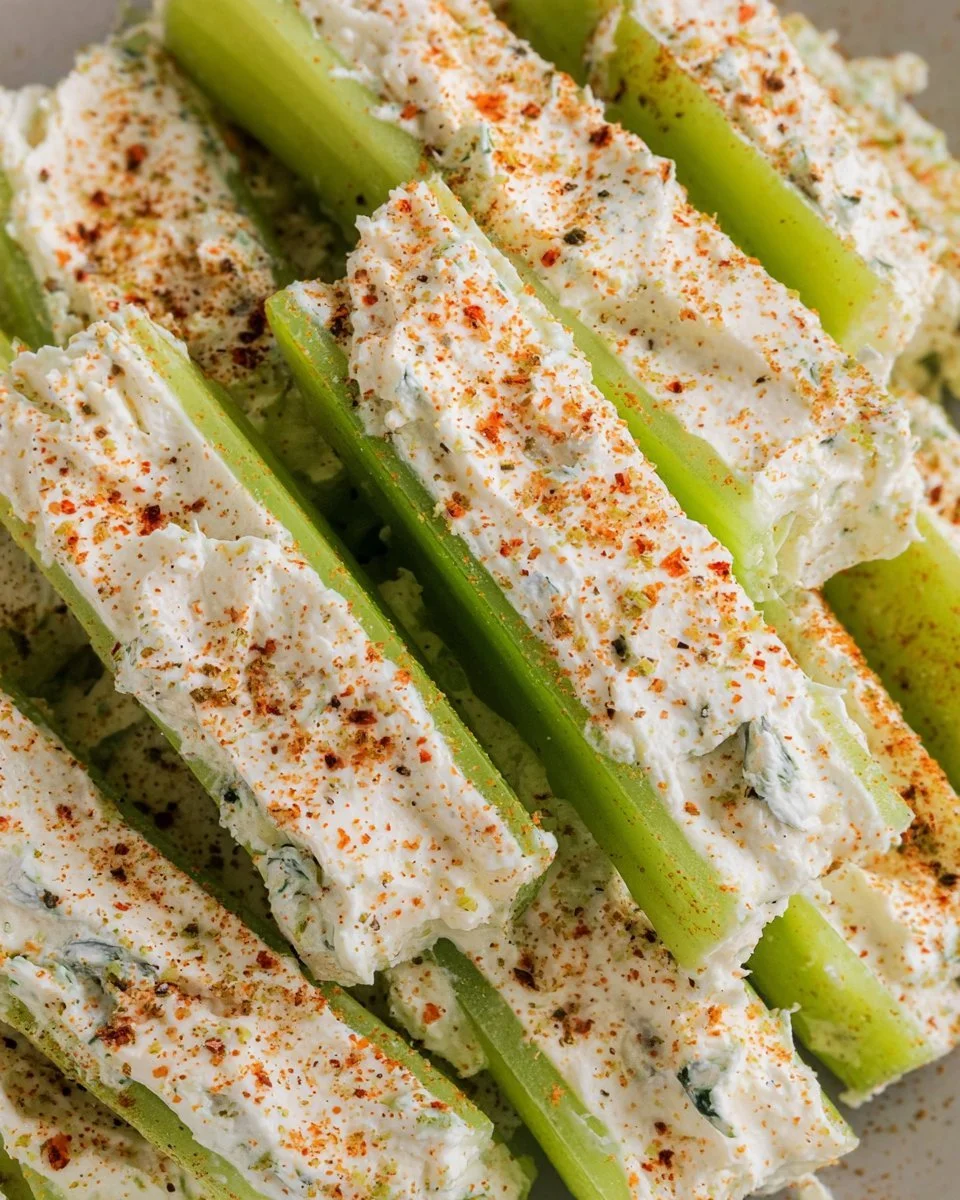 Plate of cream cheese stuffed celery sticks garnished with herbs