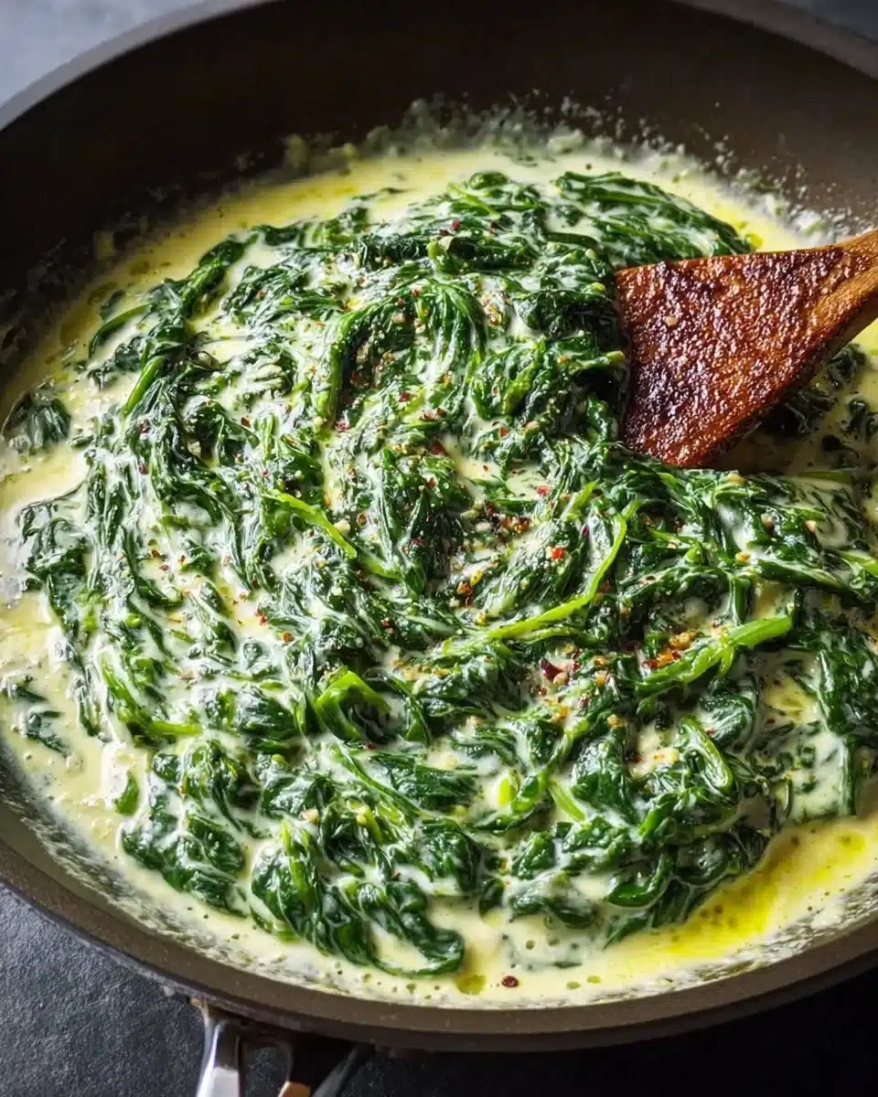 Delicious serving of creamy, homemade creamed spinach decorated with herbs.