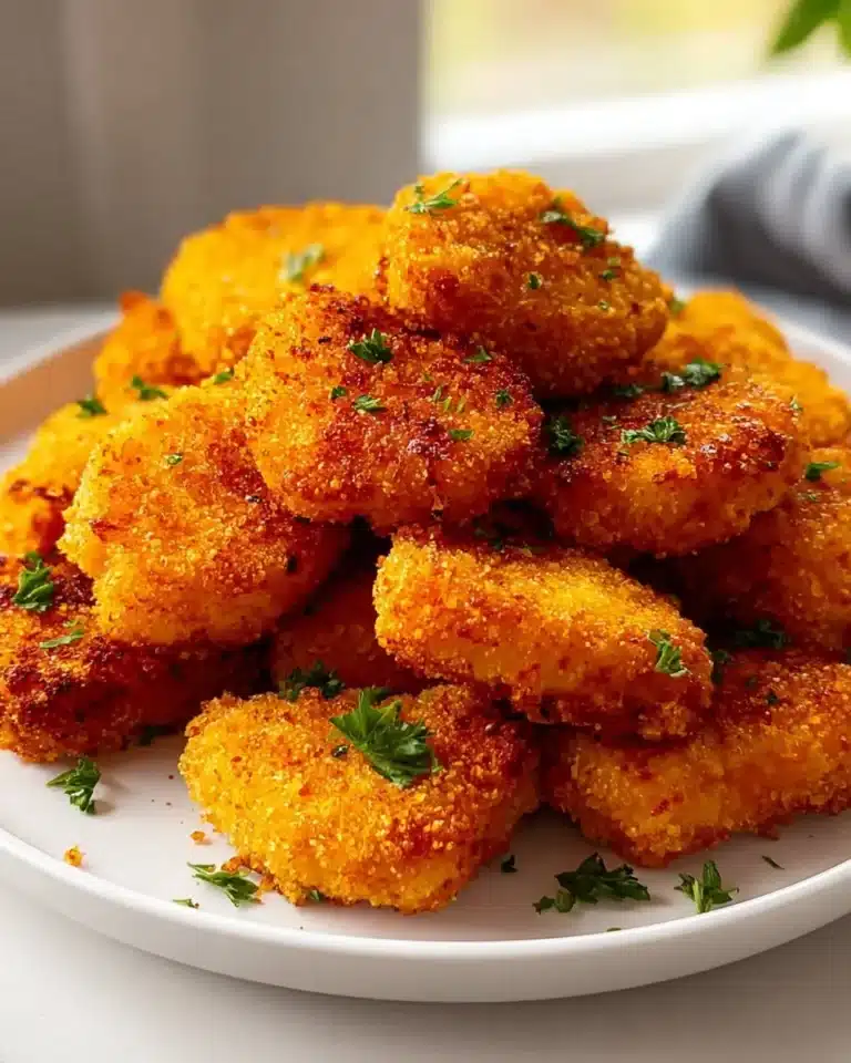 A plate of crispy chicken nuggets with a side of dipping sauce.