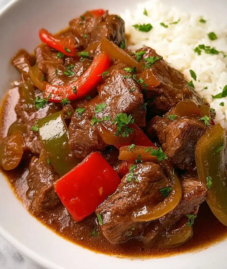 Crock Pot Pepper Steak with colorful bell peppers and tender beef