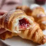 Freshly baked croissants served with a variety of jams on a wooden table