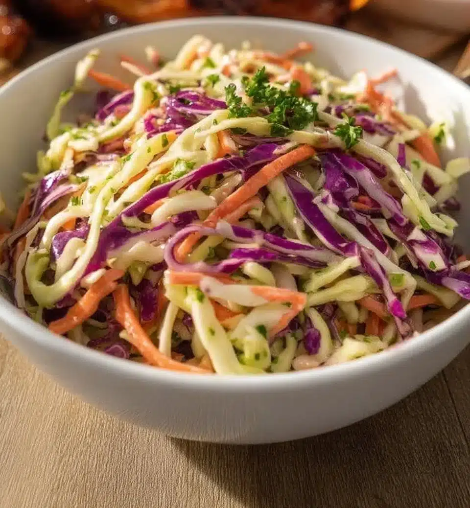 Bowl of crunchy coleslaw made with fresh cabbage and carrots