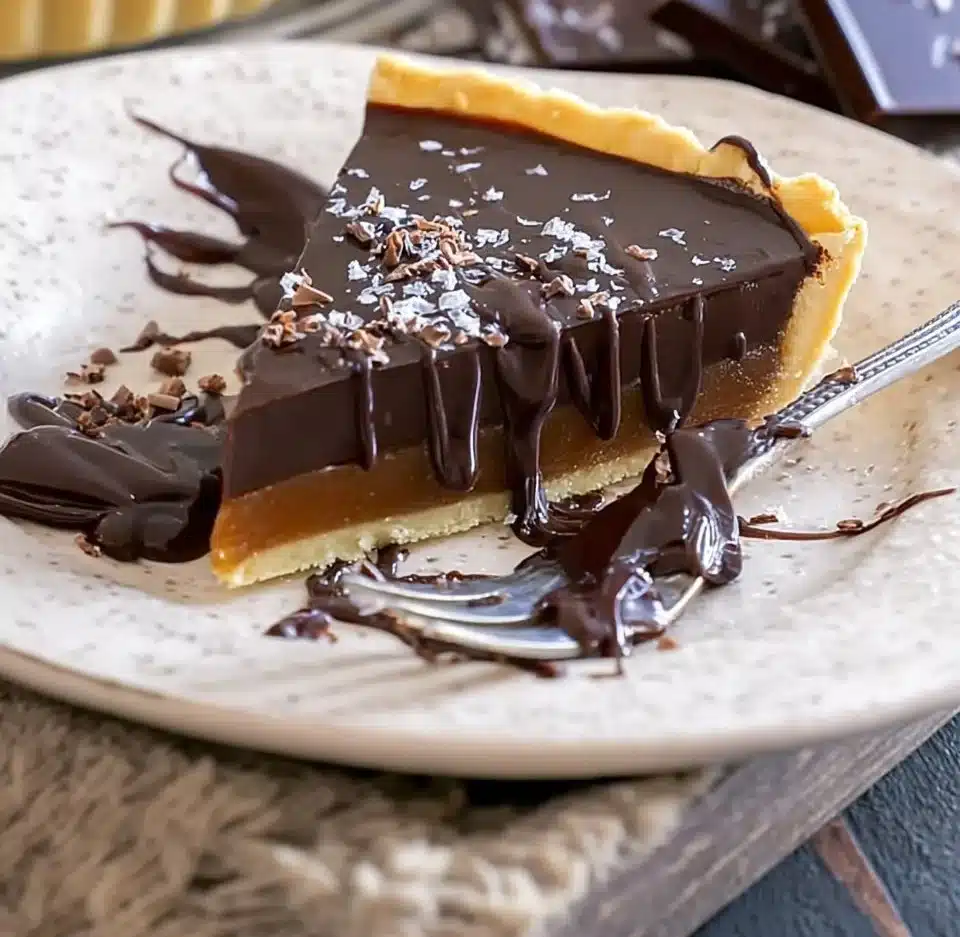 Delicious dark chocolate ganache tart dessert with a flaky crust