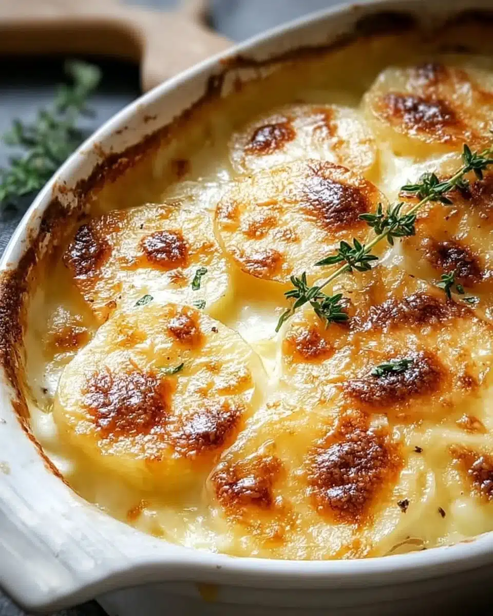 Creamy Dauphinoise Potatoes baked with cheese and garlic for a rich side dish.