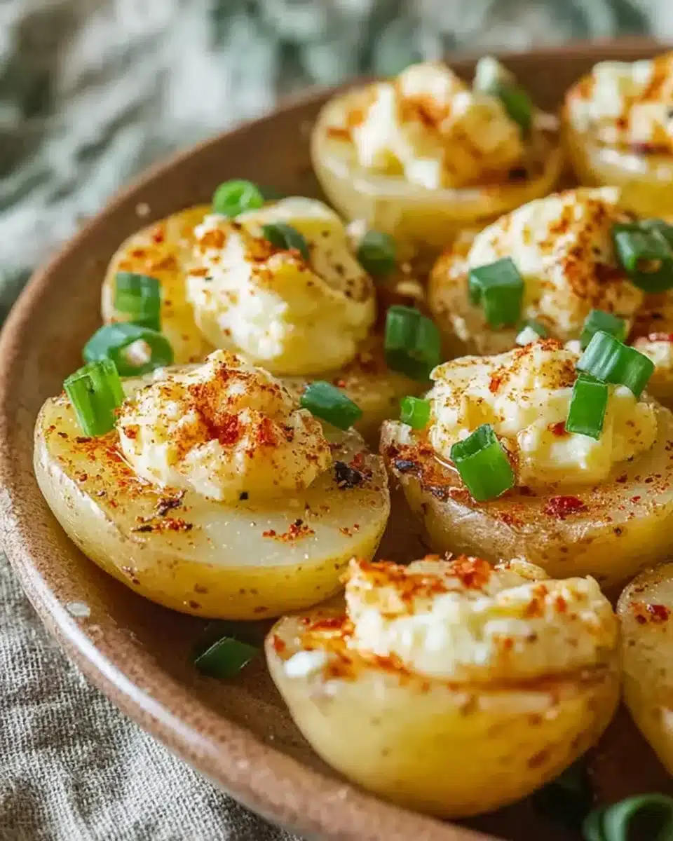 Plate of deviled potatoes topped with herbs and spices