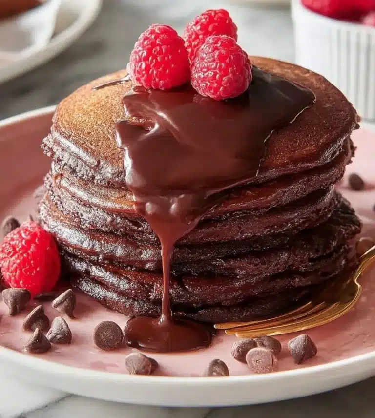 Stack of fluffy double chocolate pancakes with syrup and chocolate chips