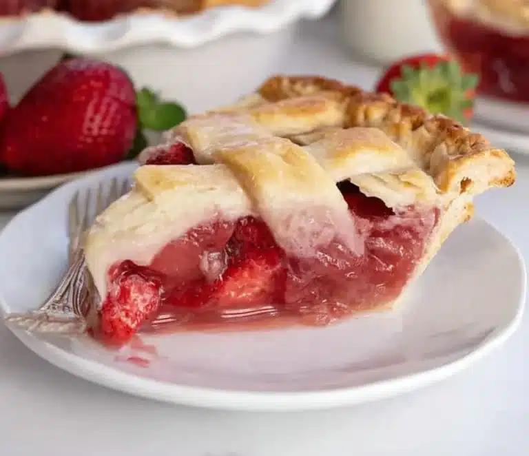 Delicious double crusted strawberry pie with fresh strawberries and golden crust