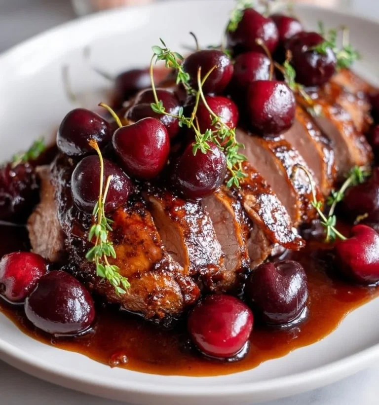 Plated duck breast with cherry sauce garnished with fresh herbs