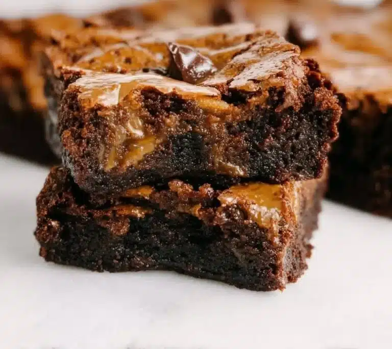 Delicious Dulce de Leche Brownies topped with caramel drizzle