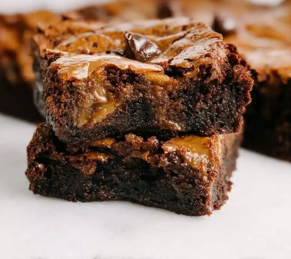 Delicious Dulce de Leche Brownies topped with caramel drizzle
