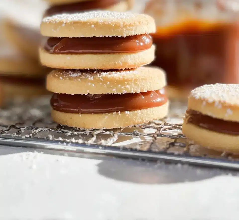 Dulce de Leche Sandwich Cookies on a plate with caramel drizzle