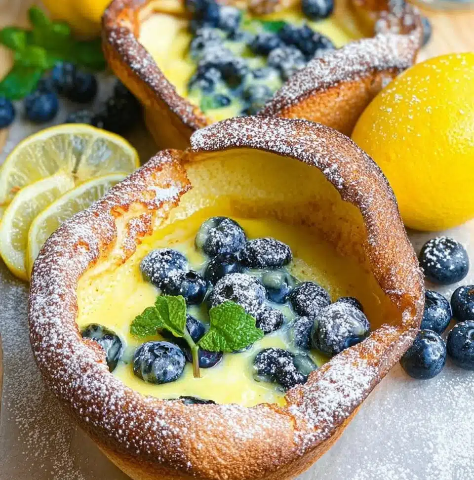Fluffy Dutch Babies topped with fresh lemon and blueberries on a plate