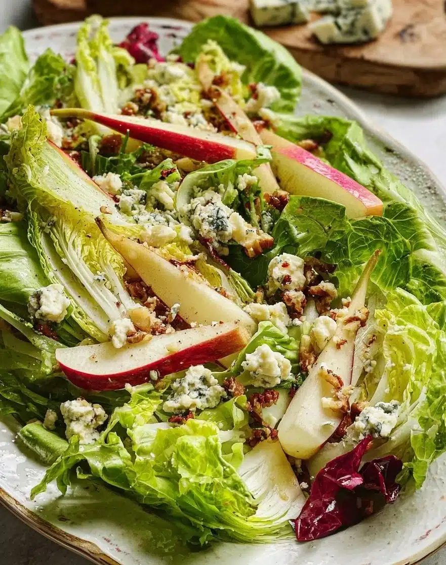 Endive salad with pears and Gorgonzola cheese garnished with walnuts.