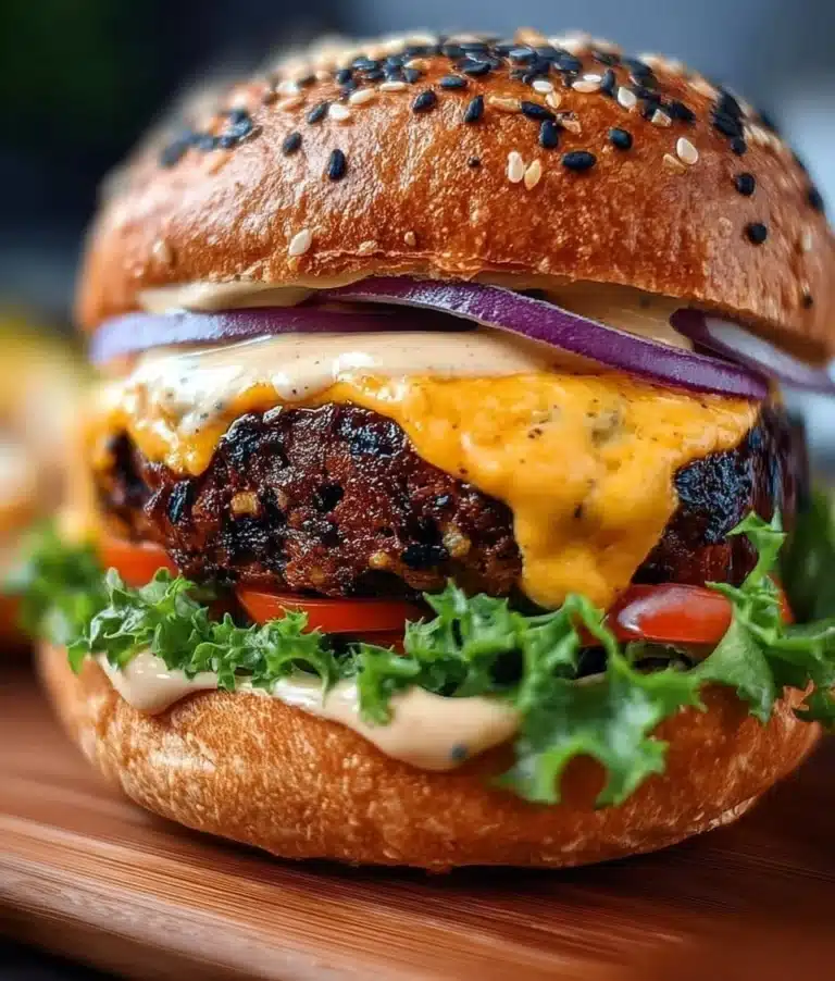 Delicious homemade Black Bean Burger topped with fresh vegetables
