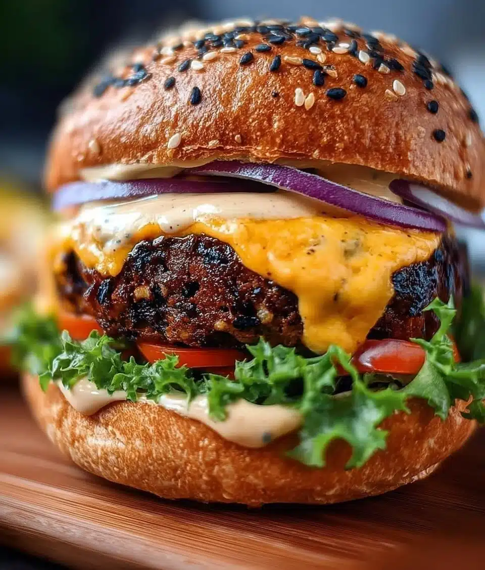 Delicious homemade Black Bean Burger topped with fresh vegetables