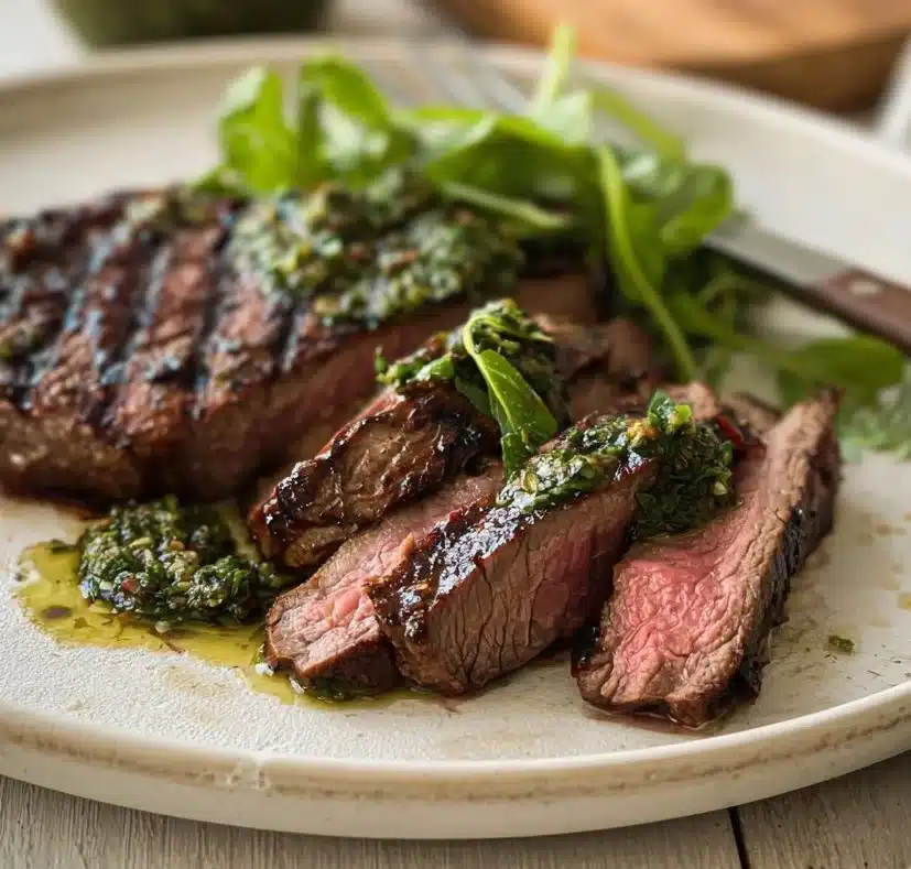 Delicious flank steak marinated and ready for grilling.