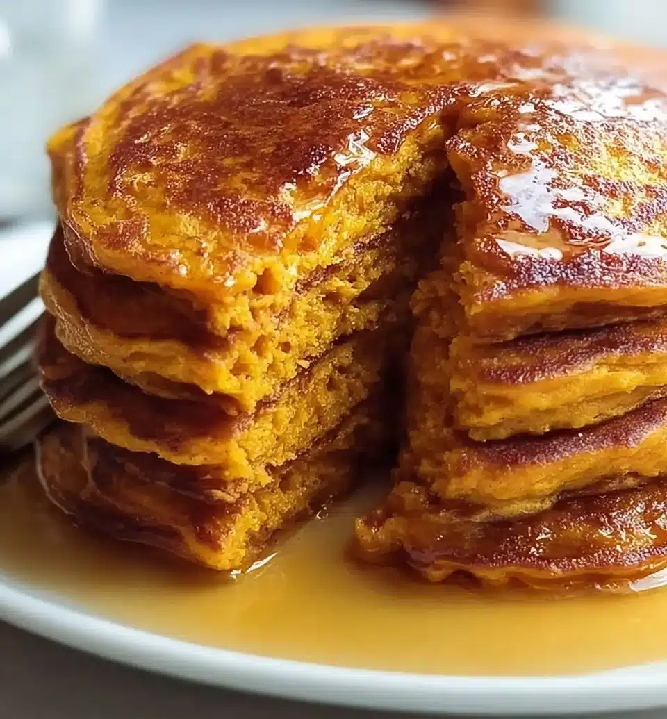 Fluffy sweet potato pancakes drizzled with syrup and topped with fresh berries.