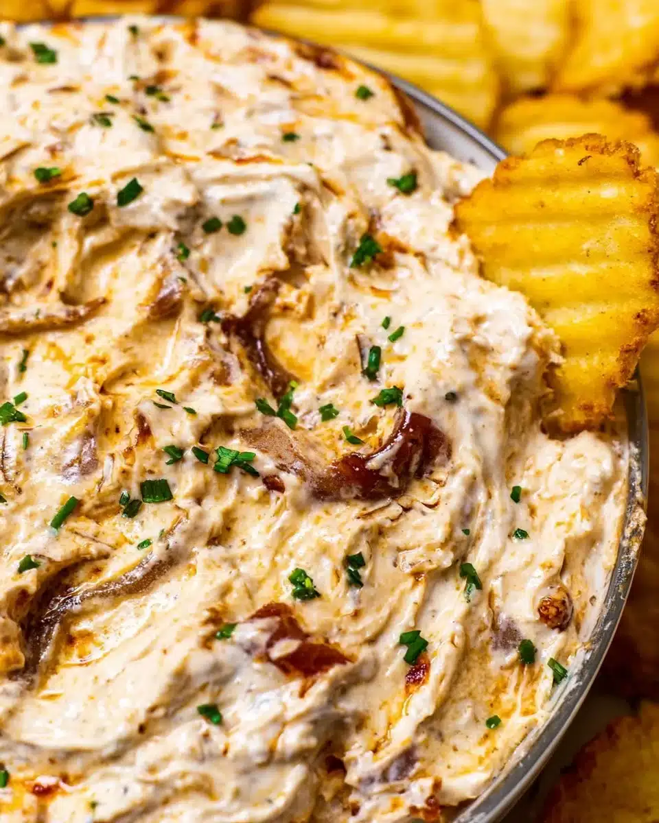 Delicious homemade French Onion Dip served with fresh vegetables and chips.