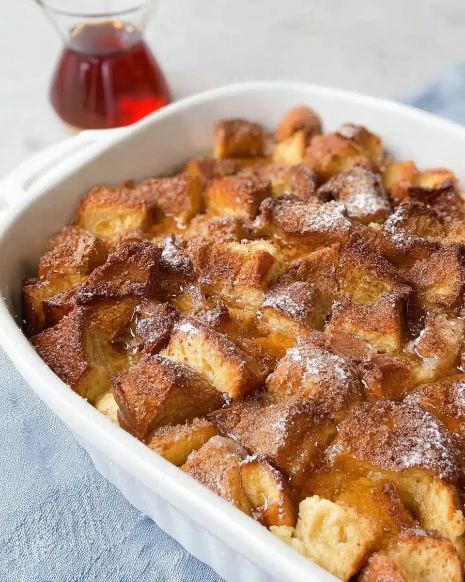 Delicious French Toast Casserole baked with syrup and fruits on a plate