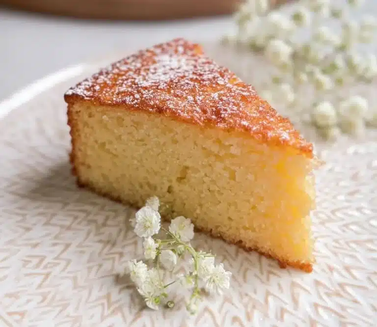 Delicious slice of French yogurt cake topped with fresh berries.