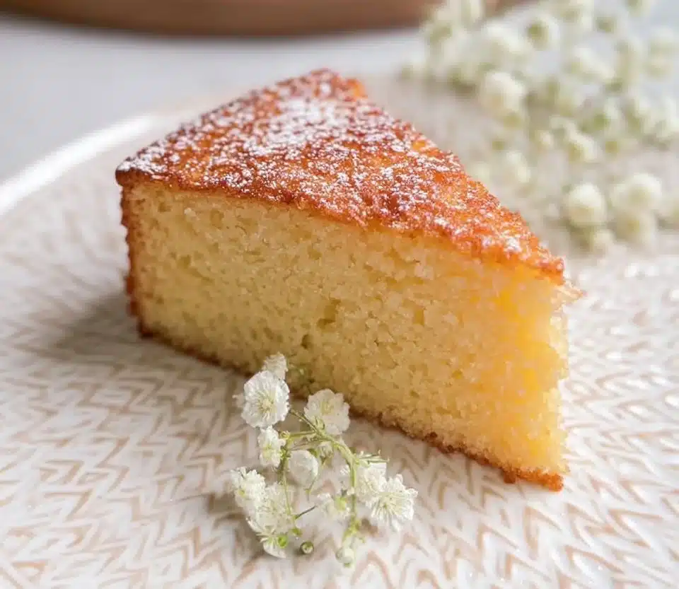 Delicious slice of French yogurt cake topped with fresh berries.