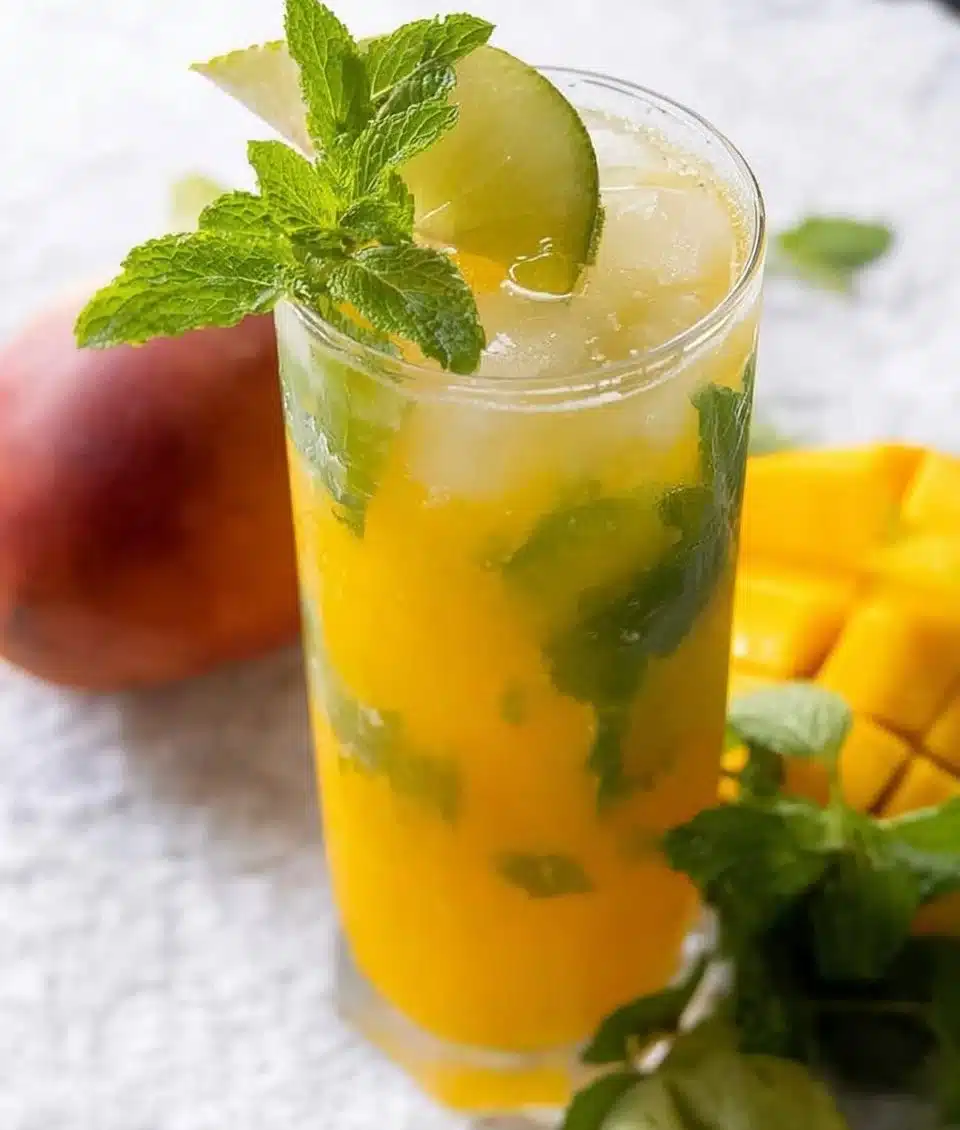 A refreshing glass of fresh mango mojitos with mint and lime garnish