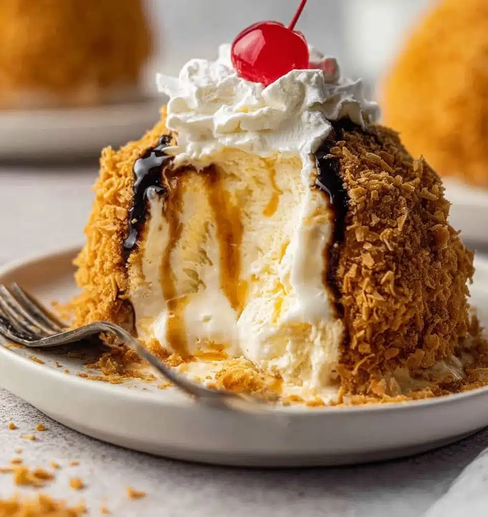 Delicious fried ice cream dessert served with toppings