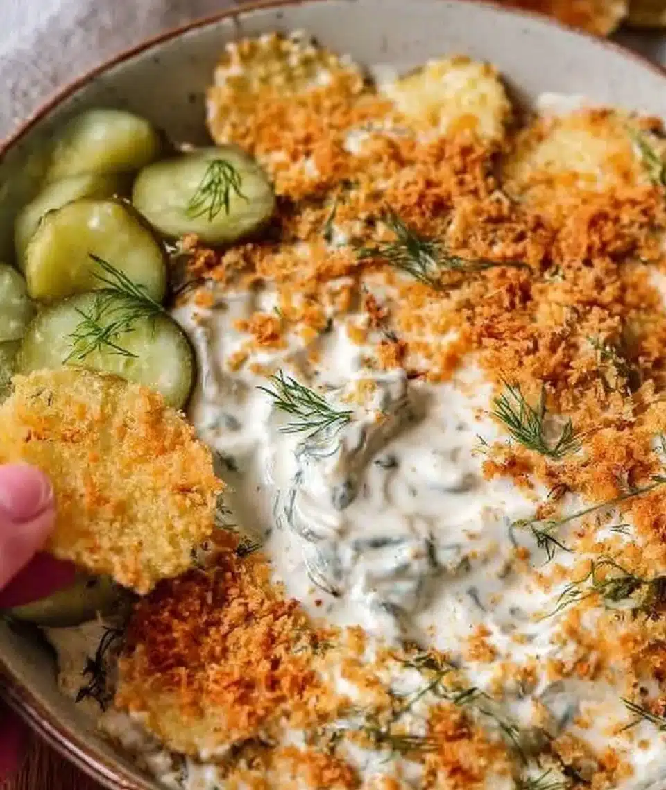 Delicious Fried Pickle Dip served in a bowl with crackers