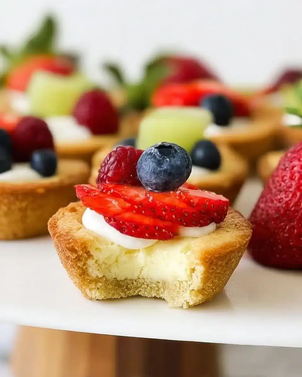 Fruit cheesecake sugar cookie cups topped with fresh fruit and cream