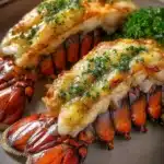 Garlic butter broiled lobster tails served on a plate