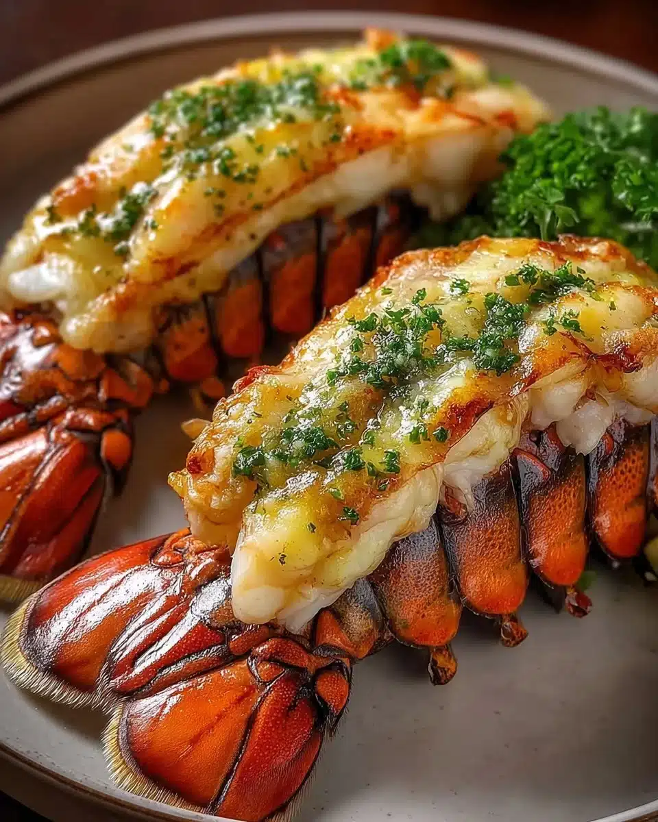 Garlic butter broiled lobster tails served on a plate